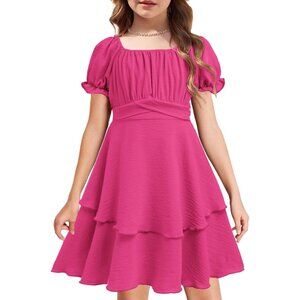 Girls Rose Red Polyester Summer Off Shoulder Puff Sleeve Tiered Layer Dress